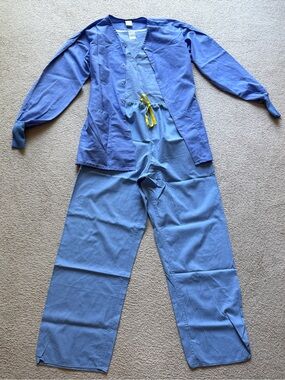 Standard Textile Blue Scrub Set Women Short Sleeve Top Pants & Jacket Small S
